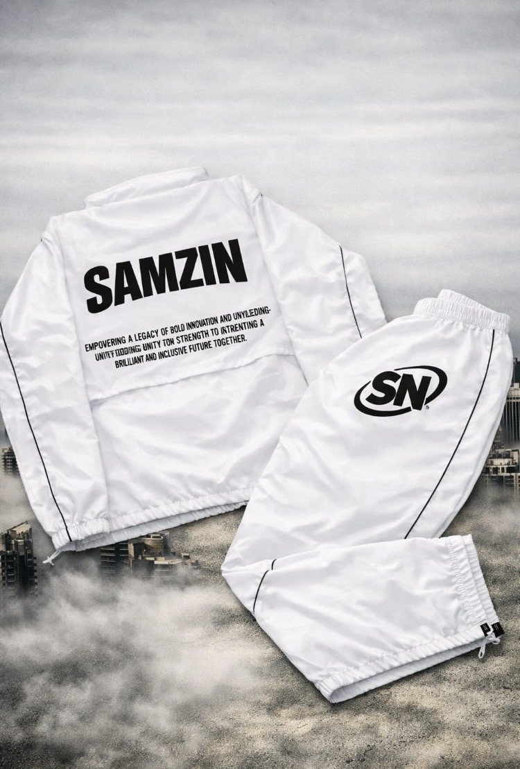 Samzin shell tracksuit in white over a city skyline